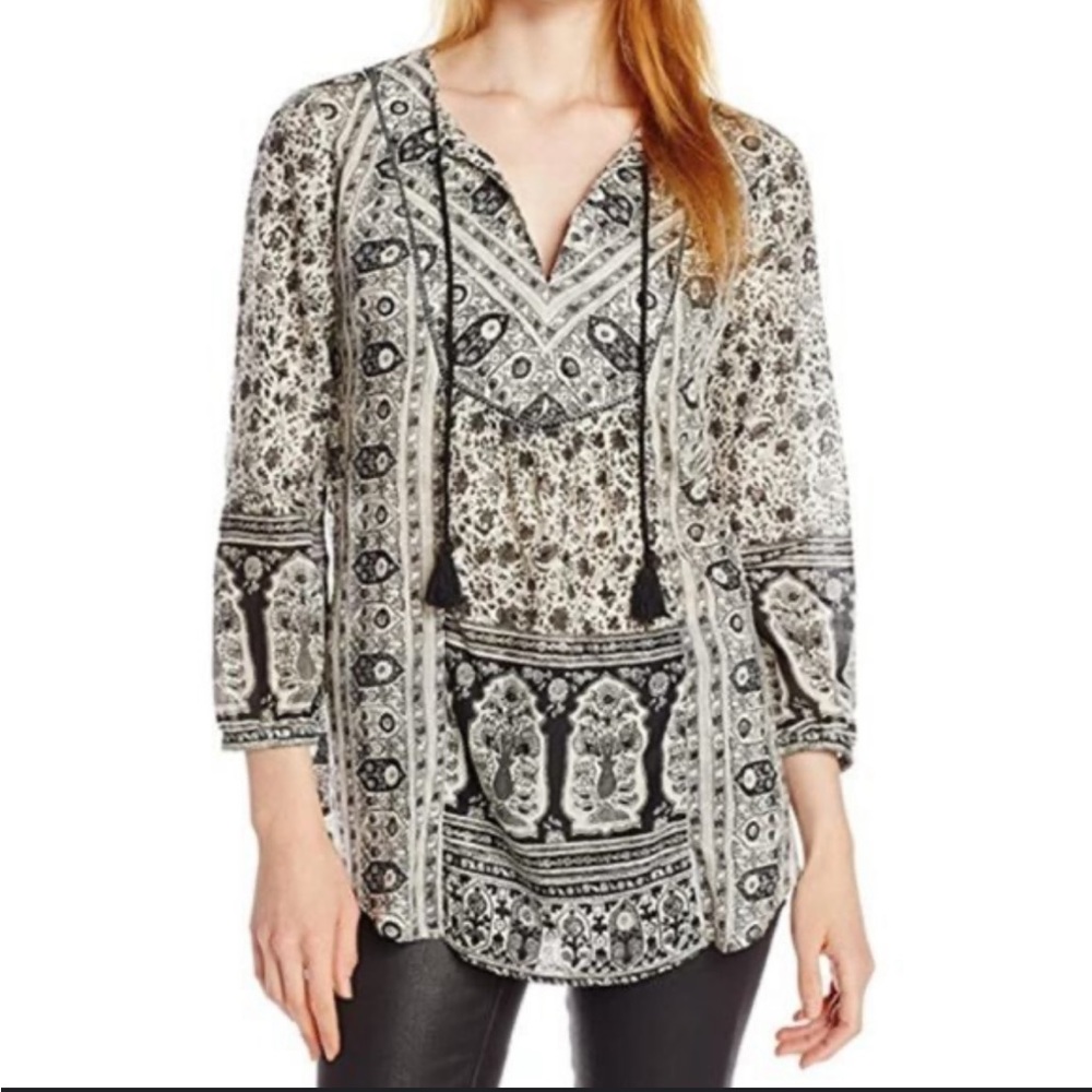 Lucky Brand Leah Black Gray Floral Boho Peasant Long Sleeve Blouse Size Small